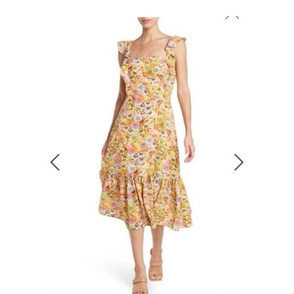 NWOT BCBG Generation Floral Tiered Midi  Yellow Dress Sz Medium